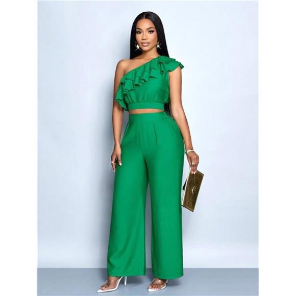 Women Spring Summer Solid Color Elegant Commuting One Shoulder Top & Pants Set - Picture 1 of 7